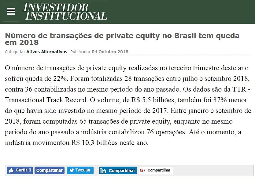 Número de transações de private equity no Brasil tem queda em 2018